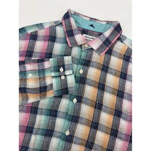 Tommy Bahama Shirt Mens Large Pink Green Plaid Linen Beach Vacation Button‎